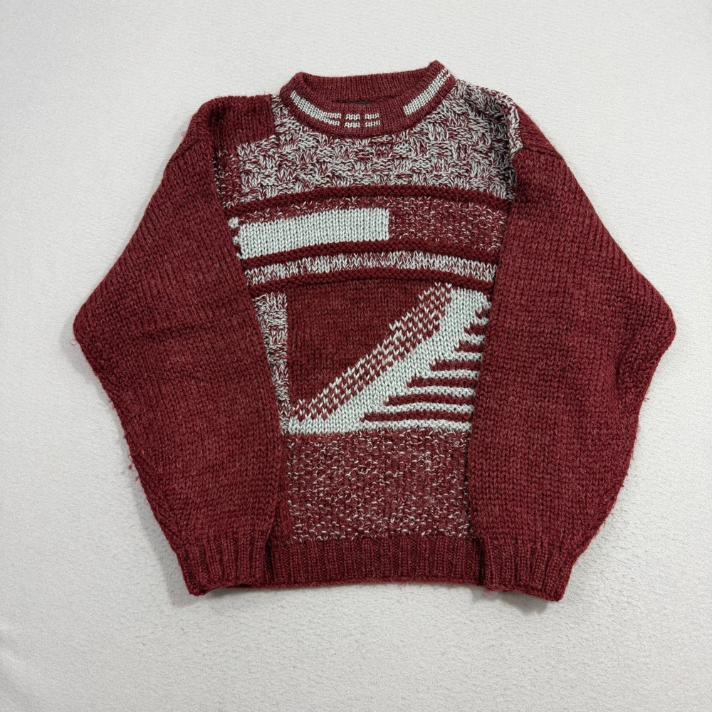 Vintage Street Scenes Sweater Large Red Abstract Knit Crewneck Wool Blend 90s